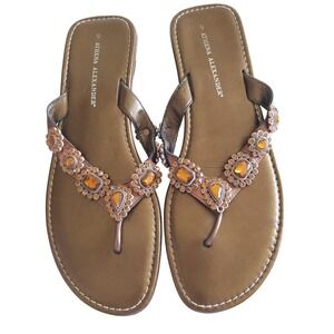 Athena Alexander Italy Bronze Jeweled Thong Sandals Metallic Rhinestone Size 9